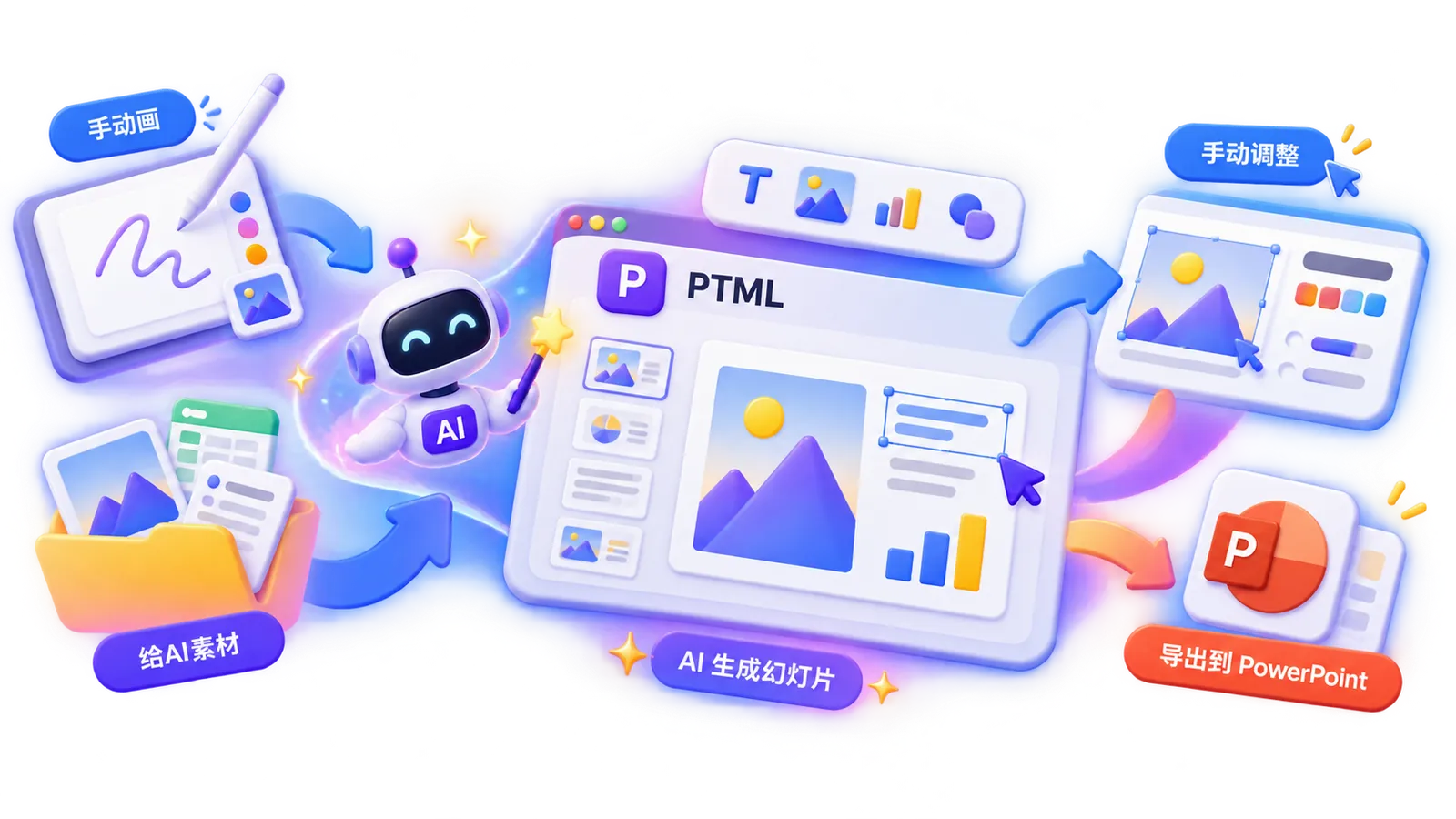 PTML 从素材到 AI 生成、手动调整和 PPTX 导出的完整流程
