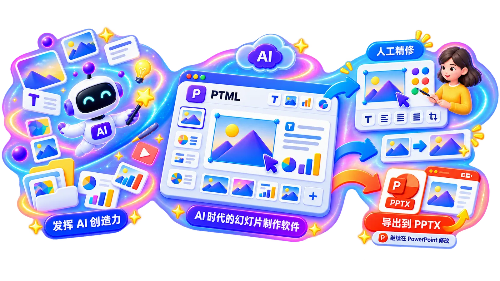 PTML 结合 AI 创造力、人工精修与 PPTX 导出